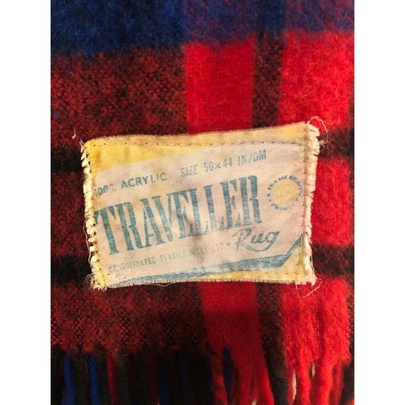 Vintage Throw Traveller Rug Blue Red Black Plaid Acrylic 50 x 44”   - Picture 2 of 2